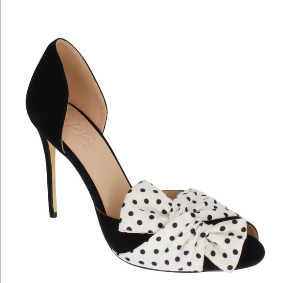 Black peep toe pumps with polka dot satin bow. - Picture 1 of 1